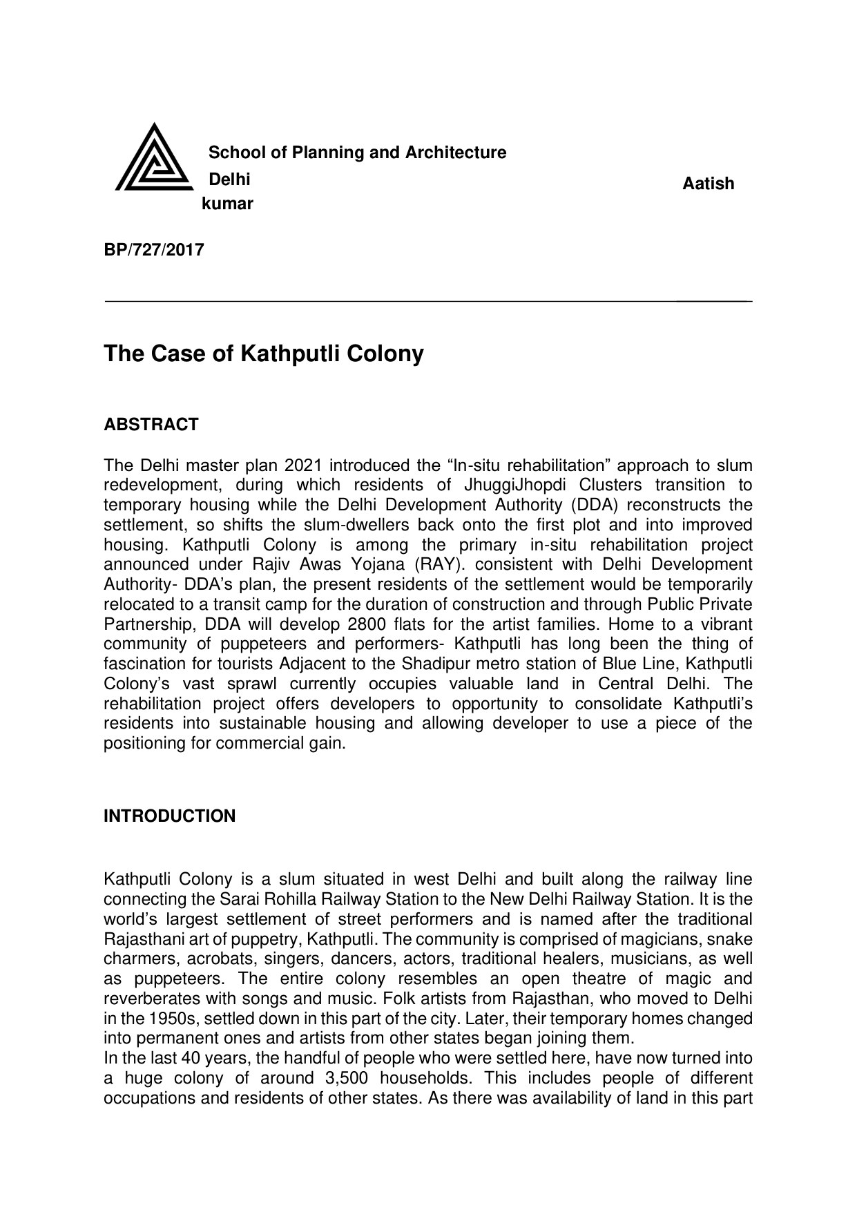 Kathputli Colony — Draft Report — page 1/2