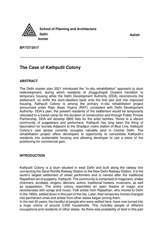 Cover of Kathputli Colony — Draft Report